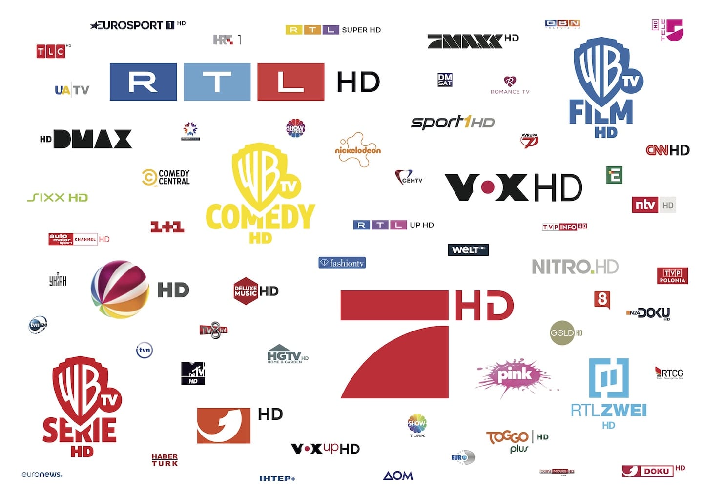 Mehrere bekannte TV-Senderlogos wie RTL, ProSieben, VOX, DMAX, Comedy Central, Nickelodeon und Warner Bros in HD-Qualität auf weißem Hintergrund; ideal zur Darstellung eines vielfältigen TV-Senderangebots im Onlineshop.